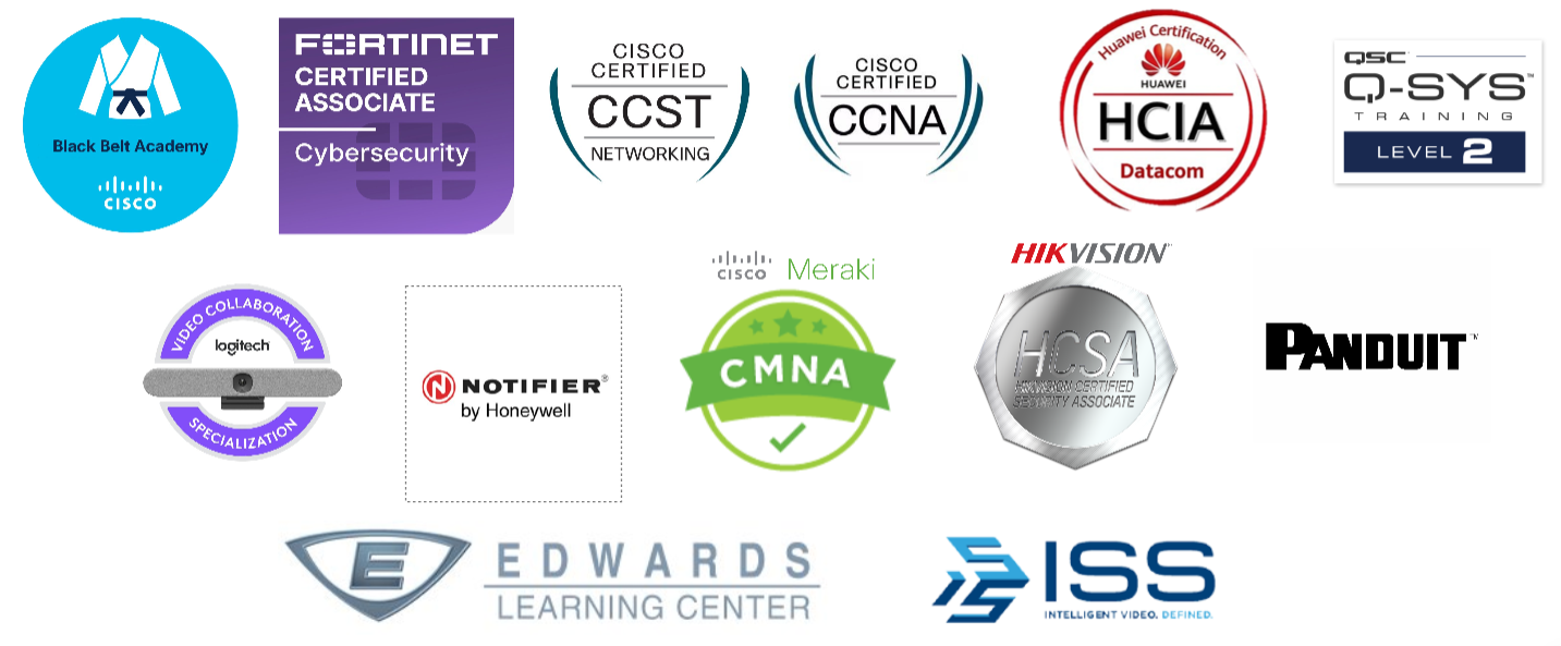 Certificaciones y alianzas con Cisco, Fortinet, Huawei, Q-SYS, Logitech, Notifier, Meraki, Hikvision, Panduit, Edwards e ISS